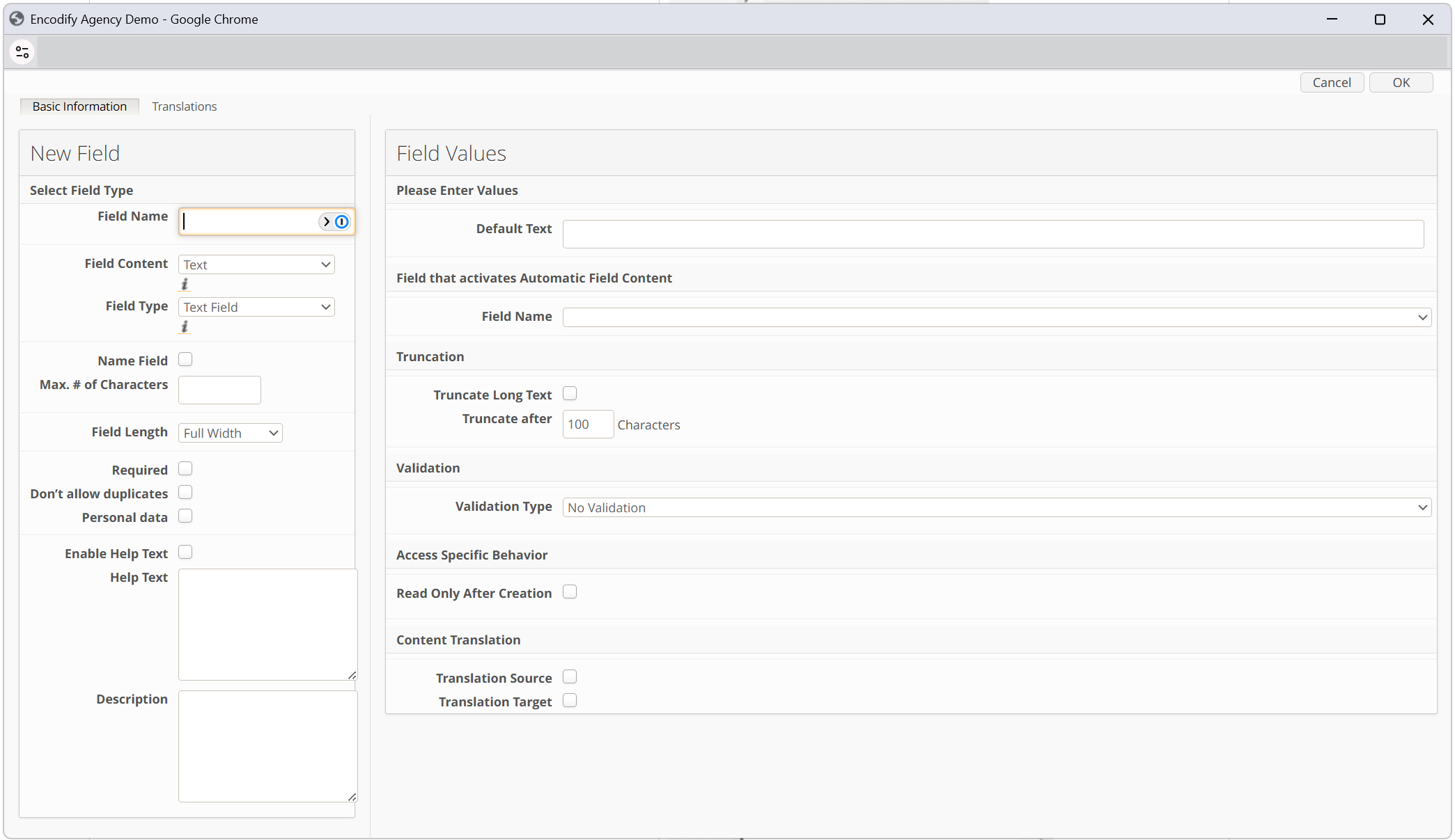 Form fields for entering field name, default text, and validation settings in a web application.